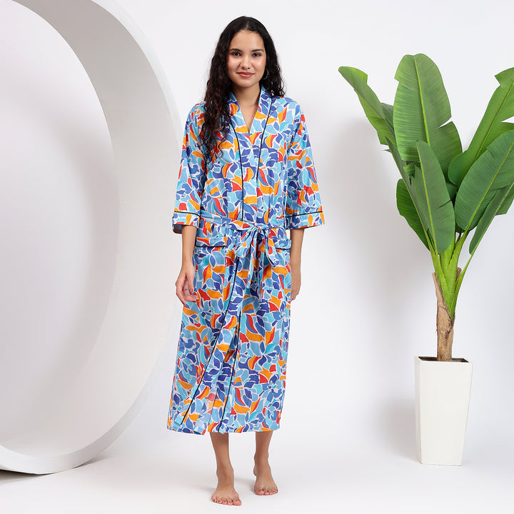 Cozy Prints With Green Abstract Cotton Kimono Robes