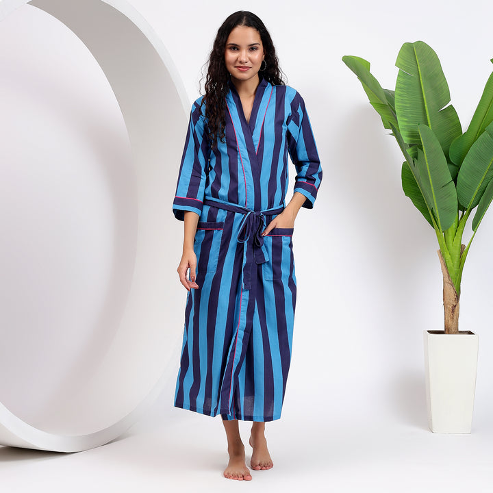 Casual Blue Cotton Robes
