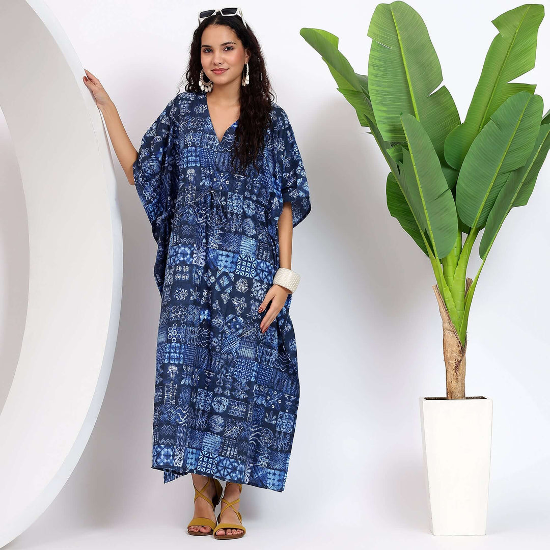 cotton caftan dress Indigo print Cotton Caftan – Plus Size Kaftan Dress for Women XL / 52 Inches
