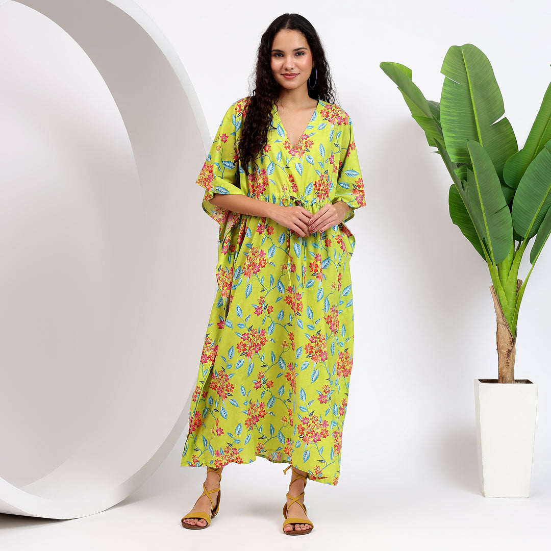 Cotton Comfort: Floral Maxi Kaftan In Yellow Hue