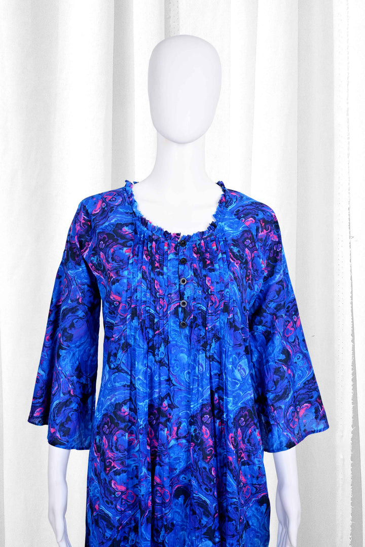 blue digital printing cotton maxi dress