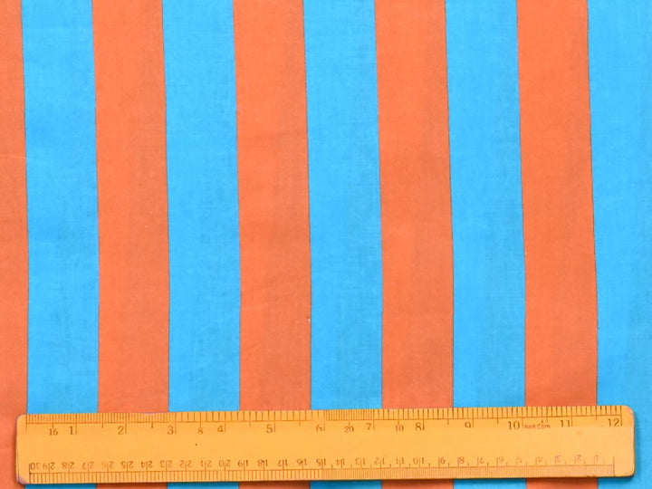 A bolt of 44 inch wide turquoise and orange vertical stripe fabric sold by the yard.