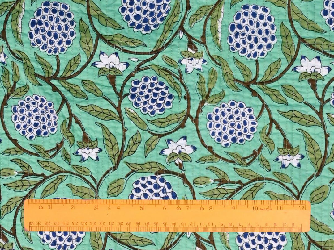 Mint Green Floral Quilted Cotton Fabric with Blue Flower Print | Indolibas