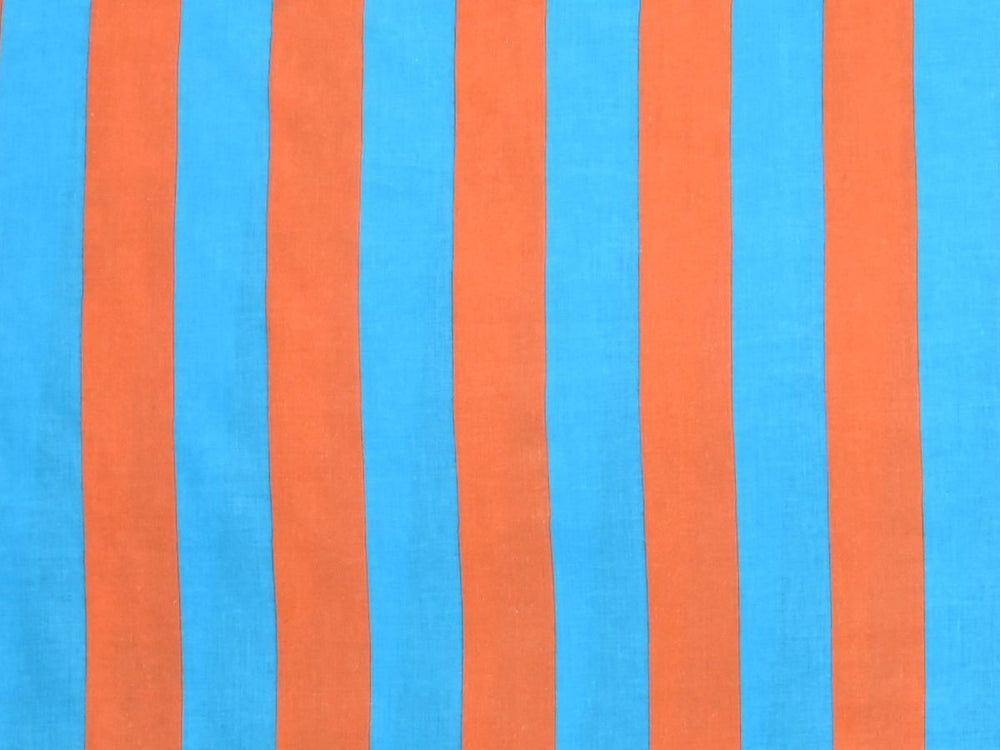 A summer dress or tote bag crafted from turquoise and orange vertical stripe textile.