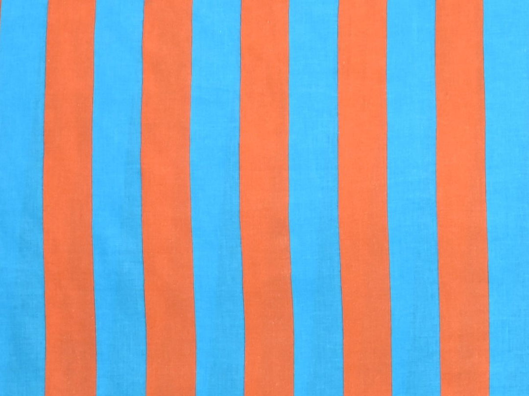 A summer dress or tote bag crafted from turquoise and orange vertical stripe textile.
