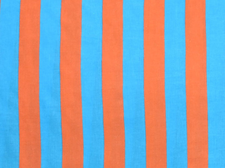 A summer dress or tote bag crafted from turquoise and orange vertical stripe textile.