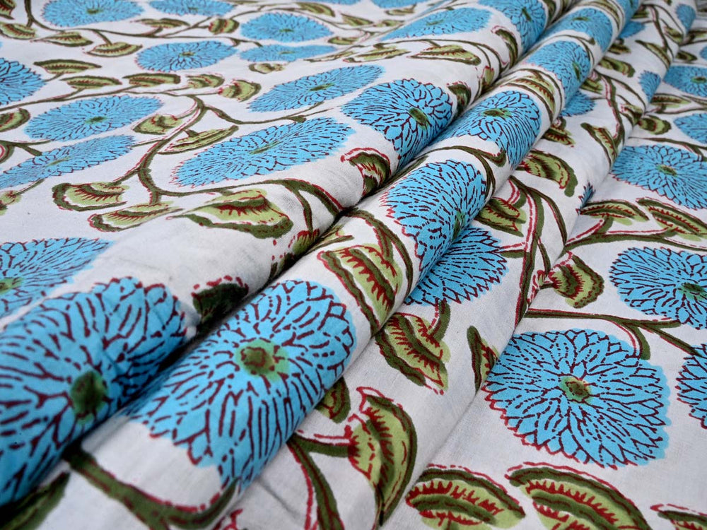 aqua floral printed cotton fabric