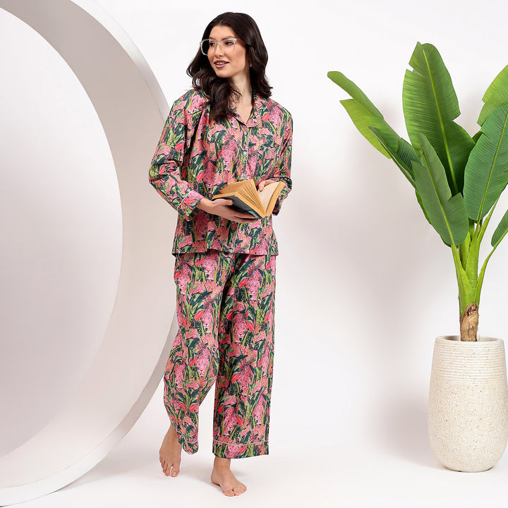 Animal print cotton pajama set for women