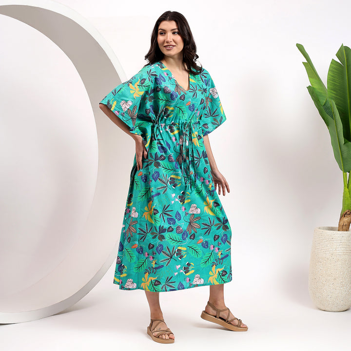 Block print kaftan dress – tropical cotton abaya for women