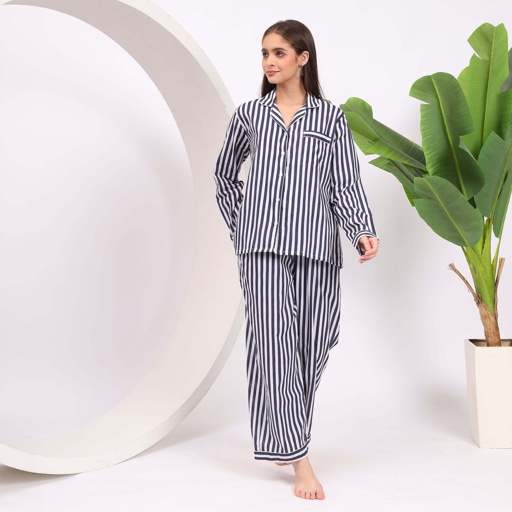 Indigo stripe print pajamas – long cotton PJ set for stylish women