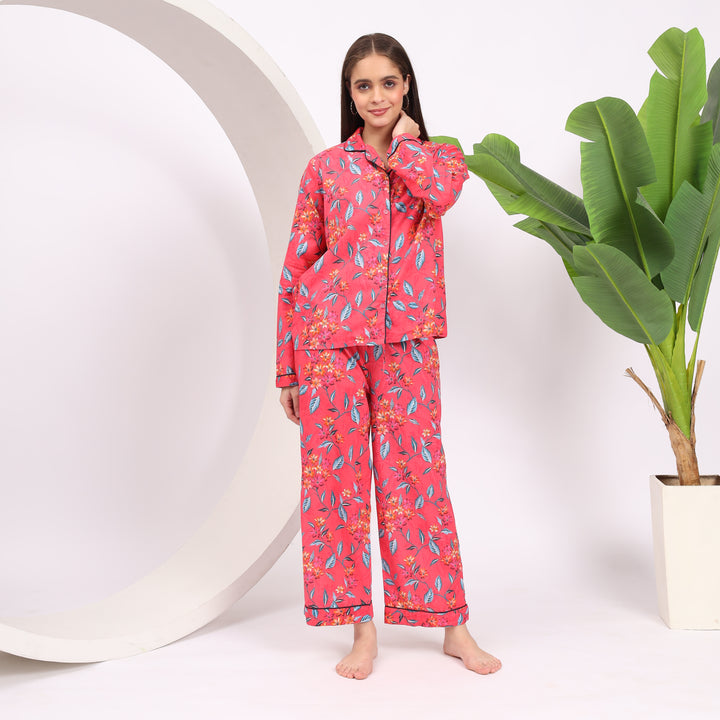 Sleep in Style: Yellow Cotton PJ Set with Floral Print