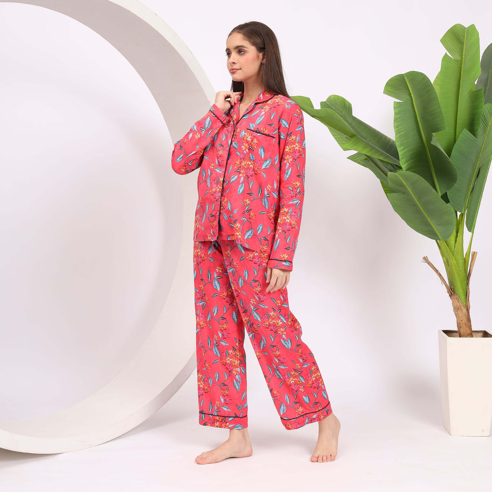 Floral print cotton pajama set for women