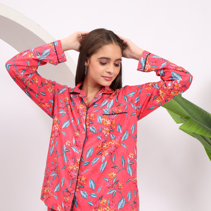 Stylish Floral Printed Sleep Dress - Women’s PJ Set