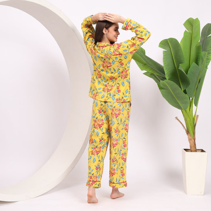 Sleep in Style: Yellow Cotton PJ Set with Floral Print