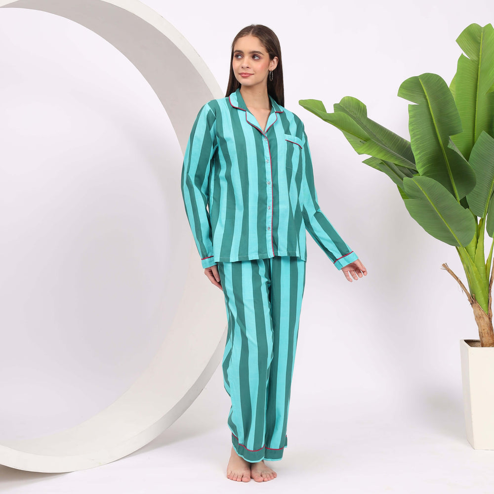 Cotton stripe print pajama set for women