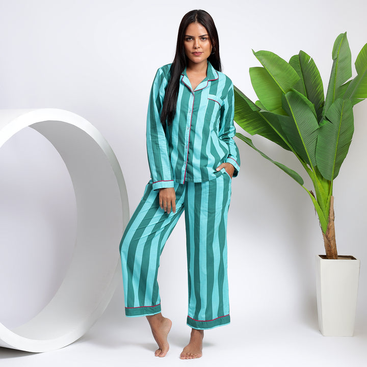 Soft Cotton Women's Pajamas Set - Duck Green Stripes