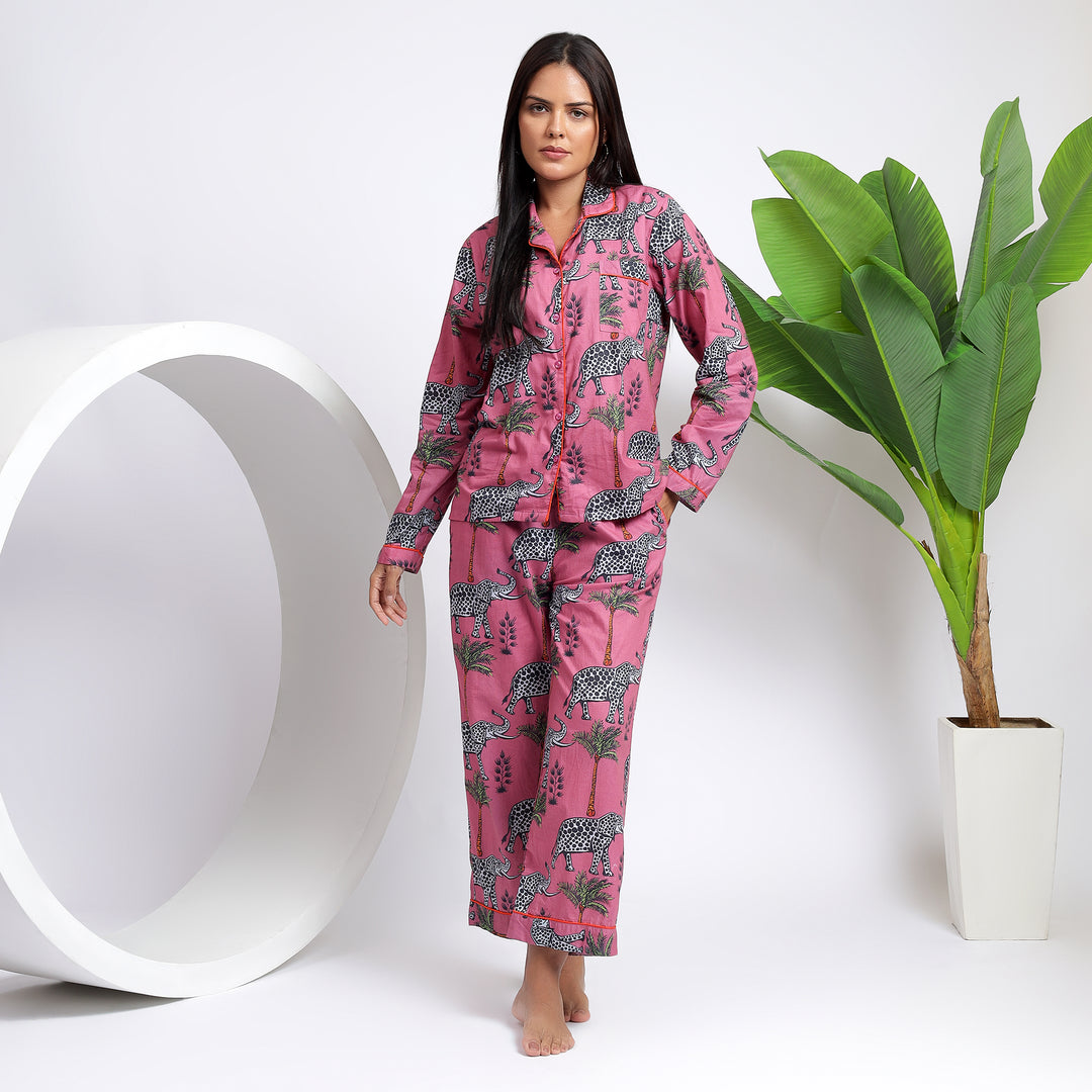 Elephant print Cotton Pajamas Animal Prints PJ Set for Women