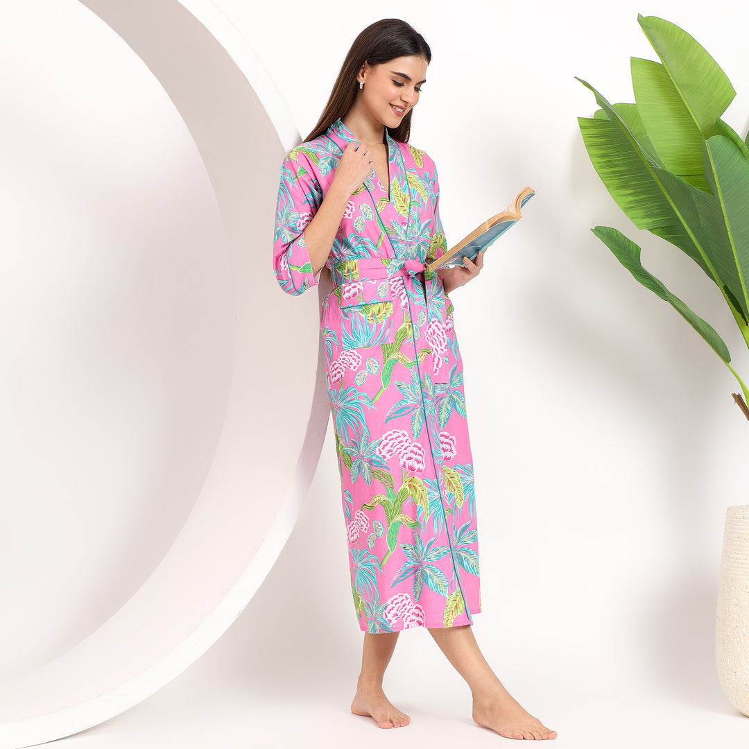 Cozy light pink kimono bathrobe with jungle print for ultimate comfort and style