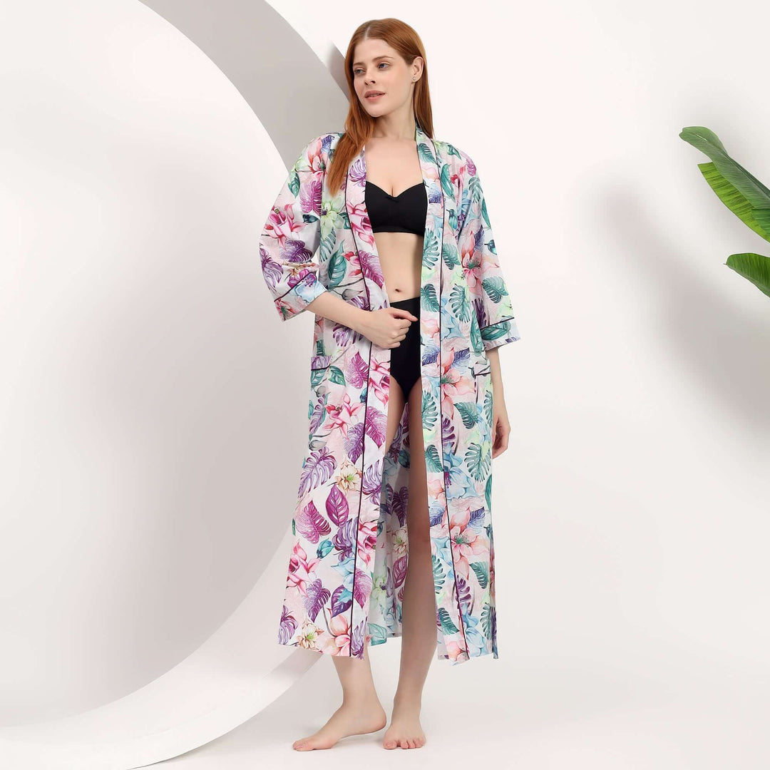 Floral kimono robe wholesale for Small Business displayed by a model in a stylish pose.