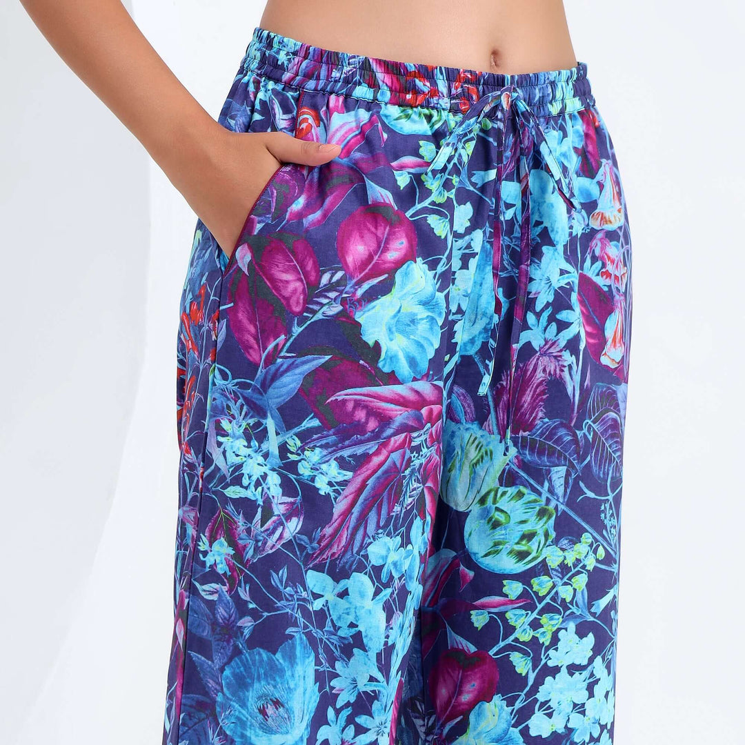 Indian Pajamas for Women in vibrant floral print with pockets, perfect for stylish loungewear.