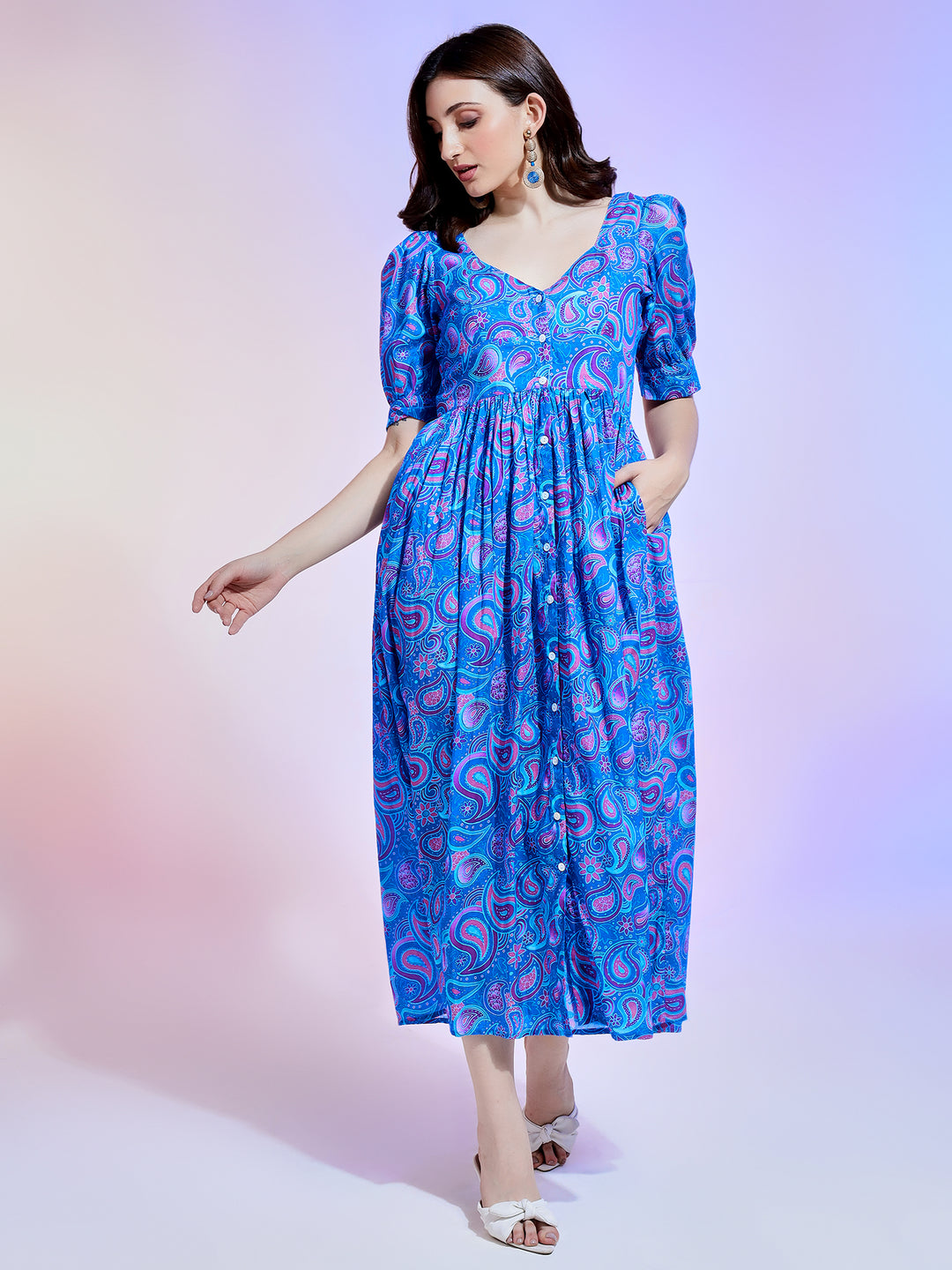 Blue Floral Dress with side pocket