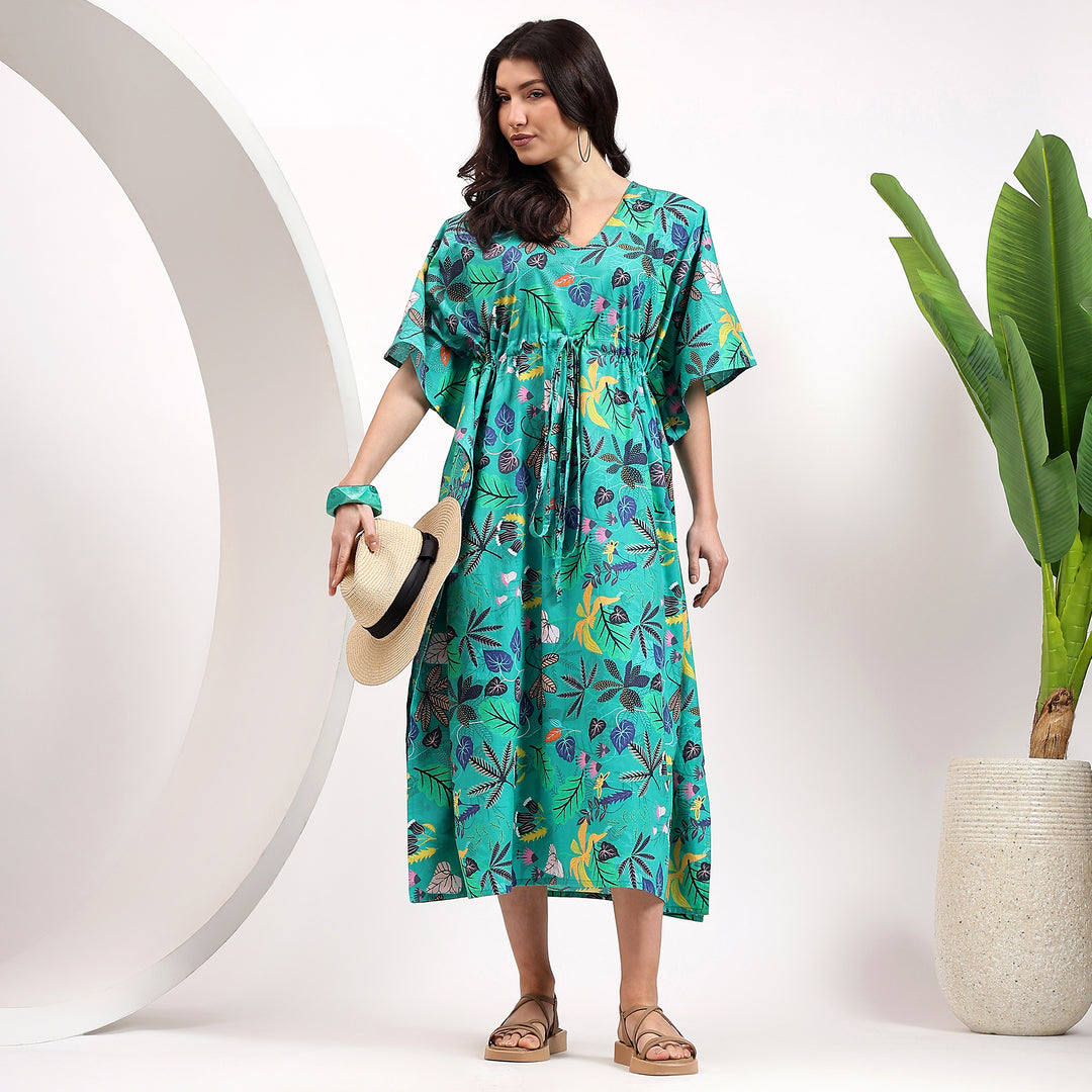Moroccan style kaftan with Indian cotton block print