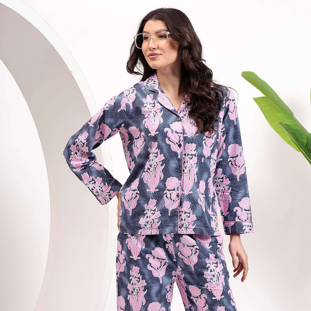 Indigo Blue Family Matching Pajamas – Block Print Cotton PJ Set for Women