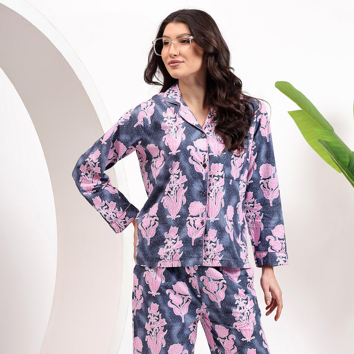 Indigo Blue Family Matching Pajamas – Block Print Cotton PJ Set for Women