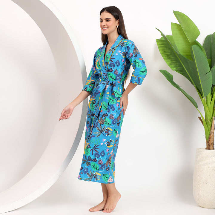 Stylish blue floral beach robe with a soft, lightweight feel