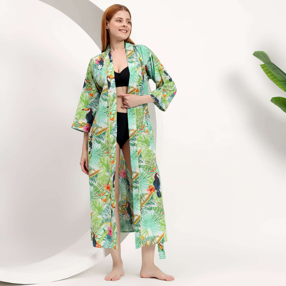 Bird print cotton kimono robe wholesale – open front on model