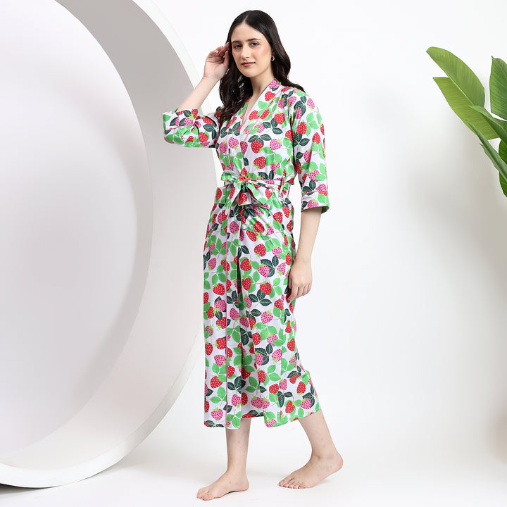 Cozy and stylish cherry print kimono robe for lounging or bedtime