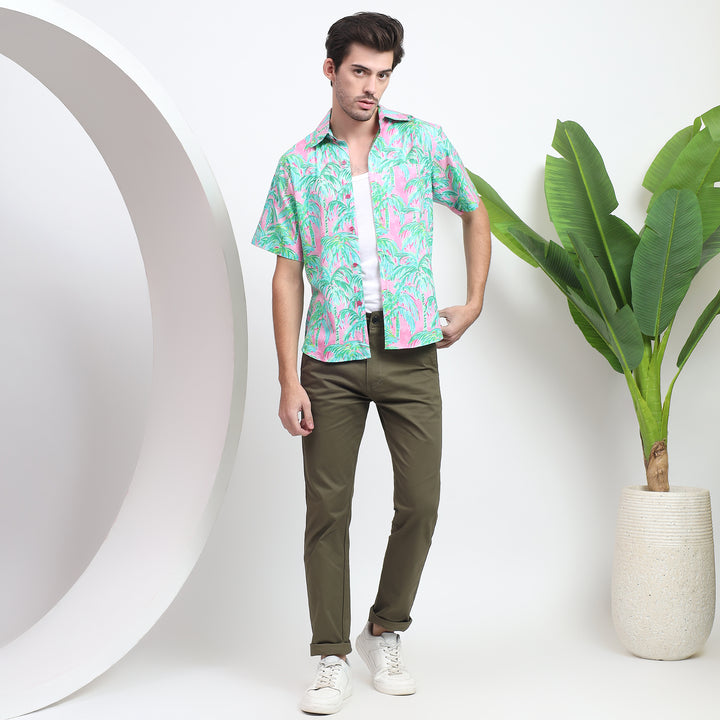 Lightweight vacation-ready shirt with a tropical floral motif