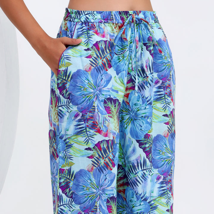 Premium cotton loungewear set in vibrant blue tropical print