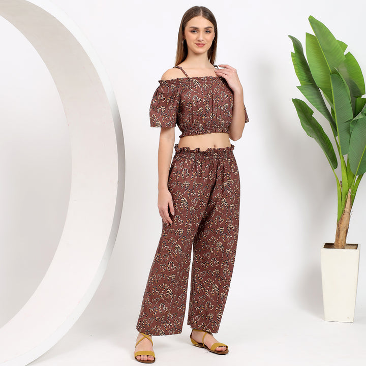 Versatile abstract brown off-shoulder coordinate set for stylish women