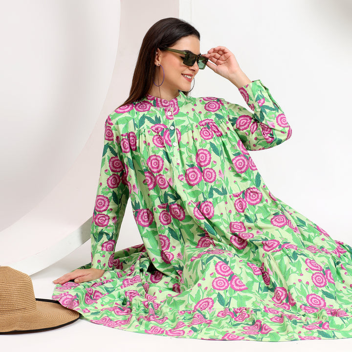 Modest floral maxi dress with button-down neckline and long sleeves