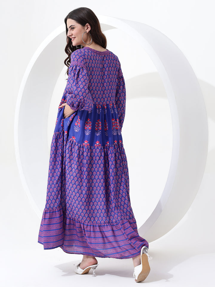 Block print Maxi Dress with side pocket
