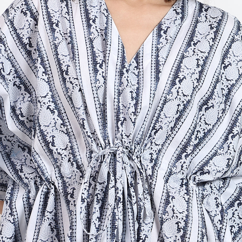 vintage kaftan showcasing the elegant V-neck design with gray stripes border print