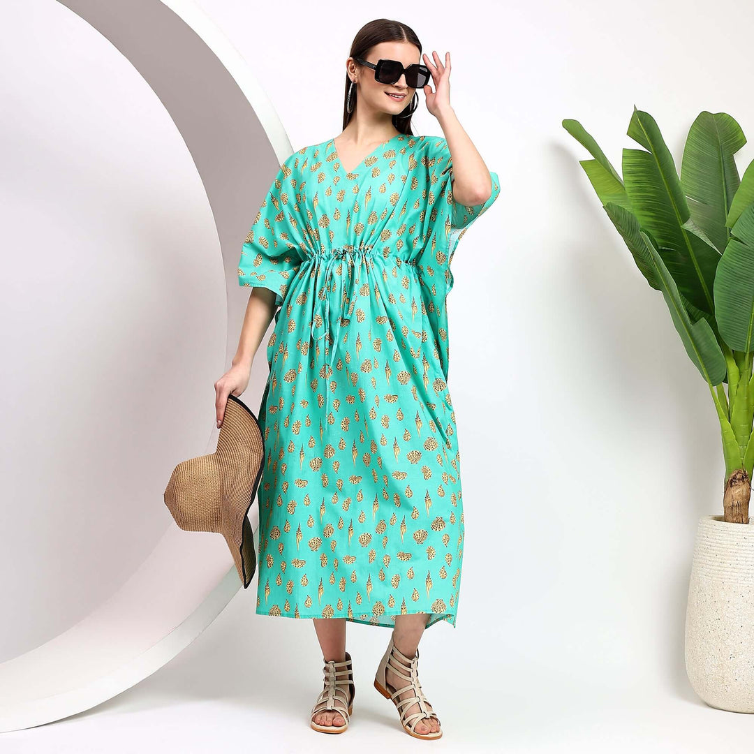 cotton caftan dress Boho Kaftan For Women Block Print 4XL / Teal Green / 48 Inches block printing techniques Block Print Cotton Kaftan Japanese