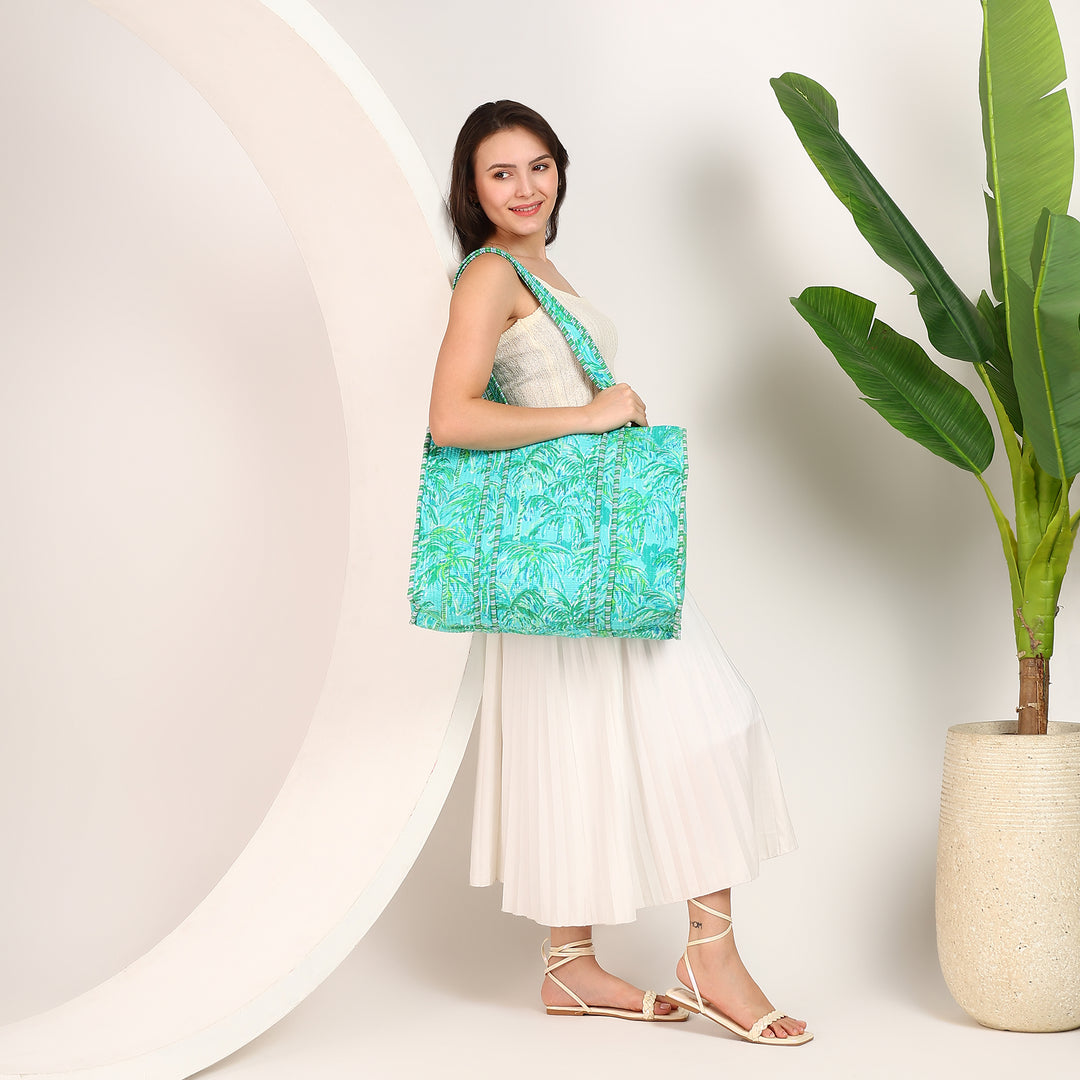 Green Palm Print Quilted Tote Bag – Handmade Printed Cotton Bag for women