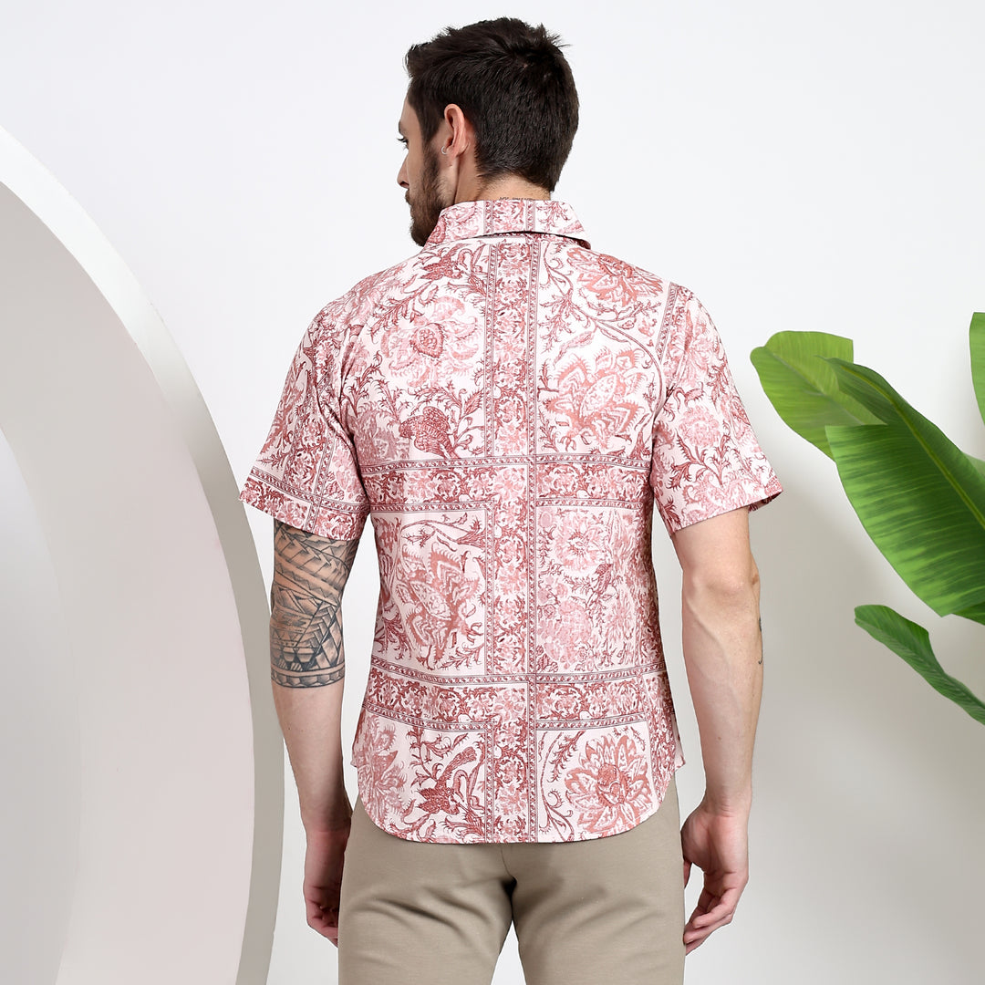 Back view of men’s printed shirt, showcasing seamless fit and premium fabric