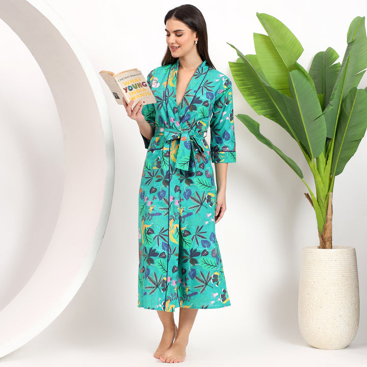 Luxury Soft Green Cotton Long Kimono Robe