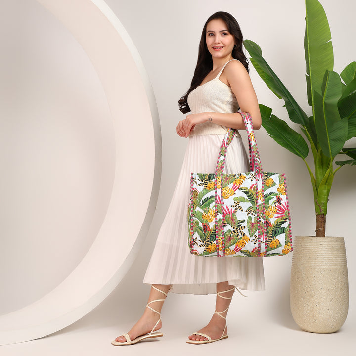 100% cotton tropical print beach tote bag - Quilted reversible beach bag made from pure cotton