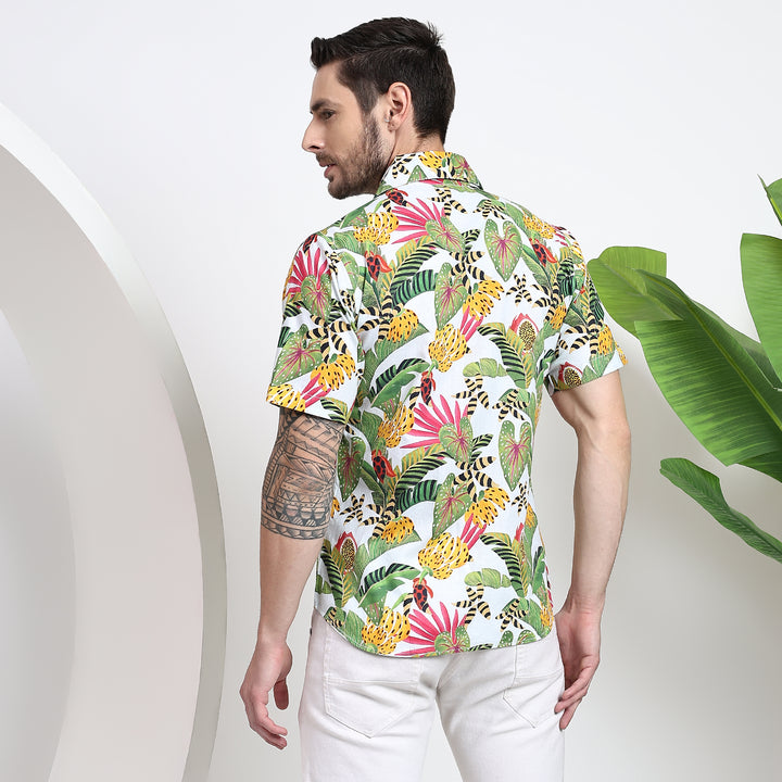 Men's tropical shirt featuring colorful, beach-inspired prints