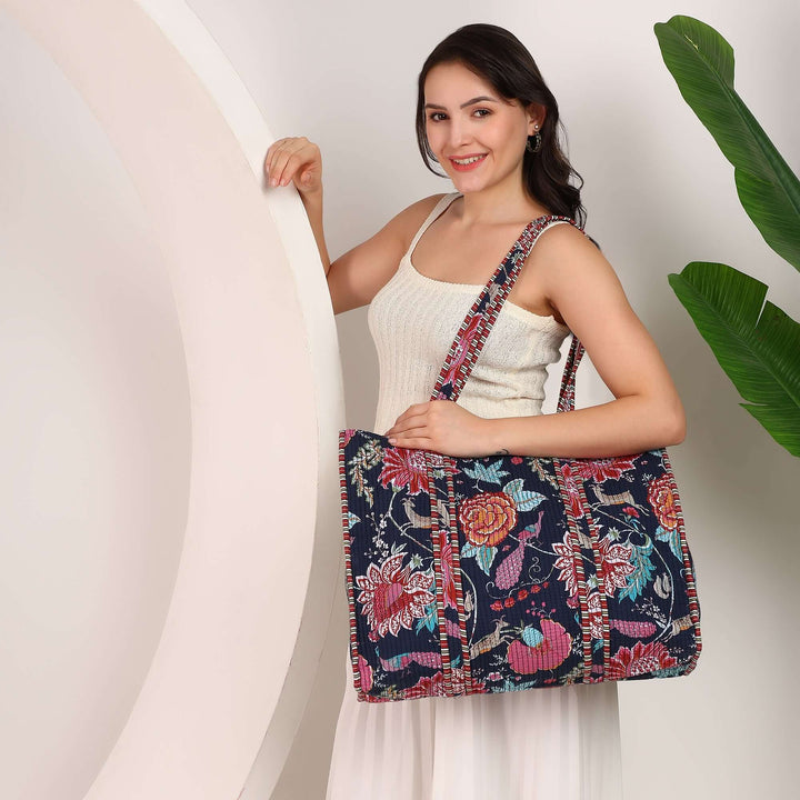 Large quilted cotton tote bag for women - Floral Indian print cotton tote bag
18 x 18 inch large women's quilted tote bag