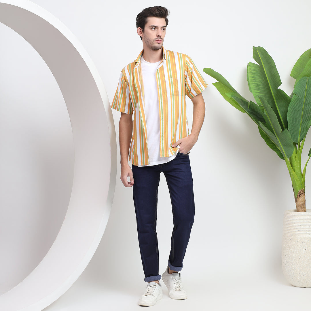 Men’s gold striped Aloha shirt with a tropical design, perfect for casual summer days