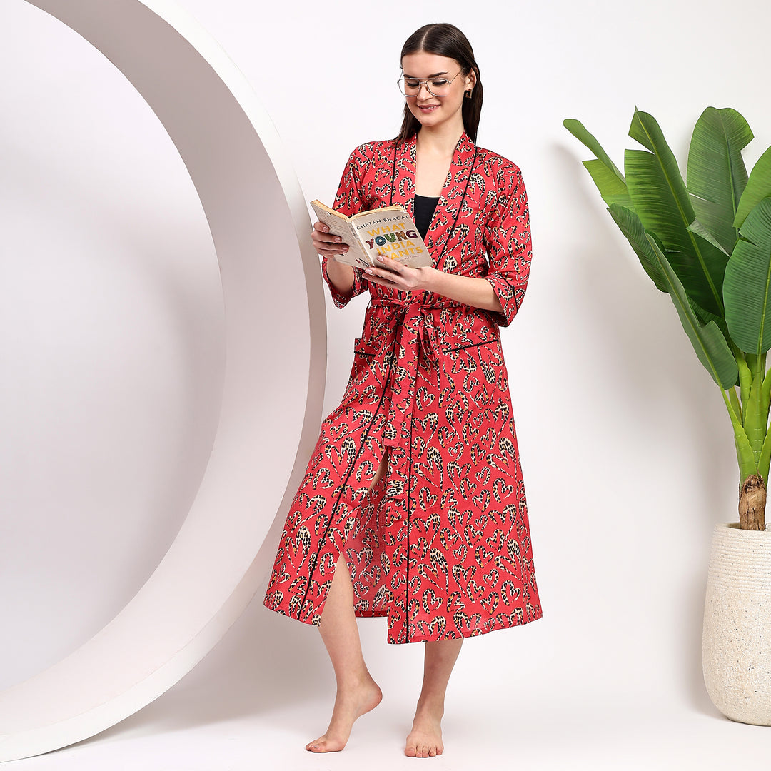 Leopard Print Kimono Robe – Block Print Cotton Dressing Gown