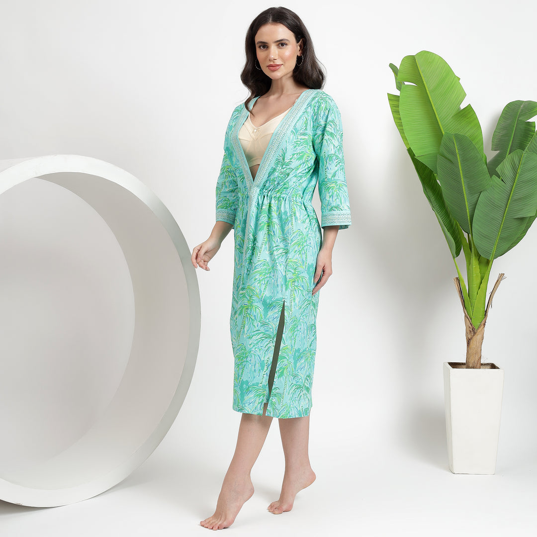 Block Print Dressing Gown for Women – Floral Cotton Kimono Robe XL / Sea Greeen