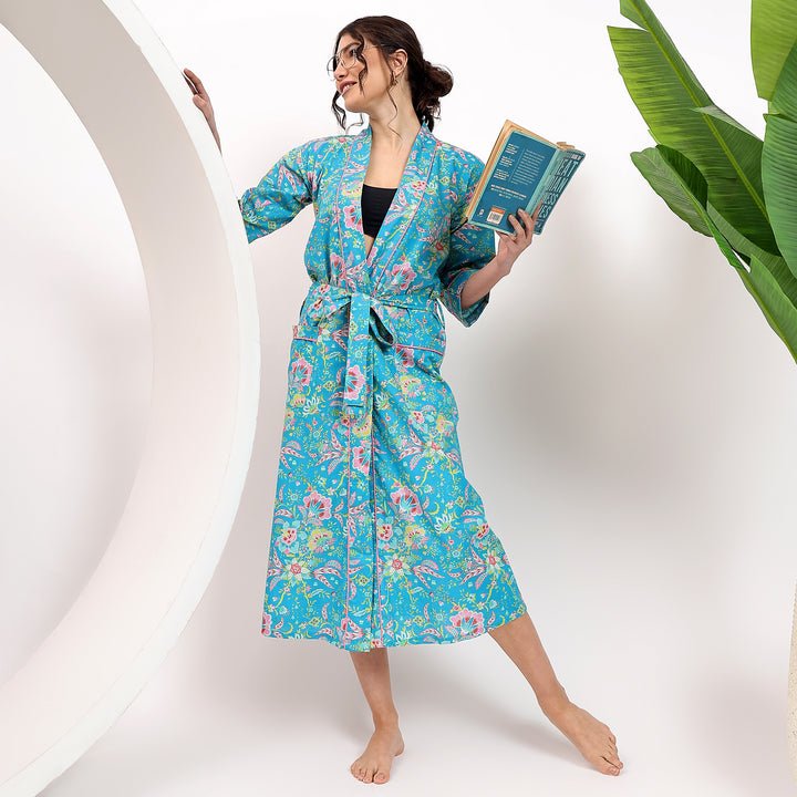 Lightweight floral kimono robe – boho cotton dressing gown