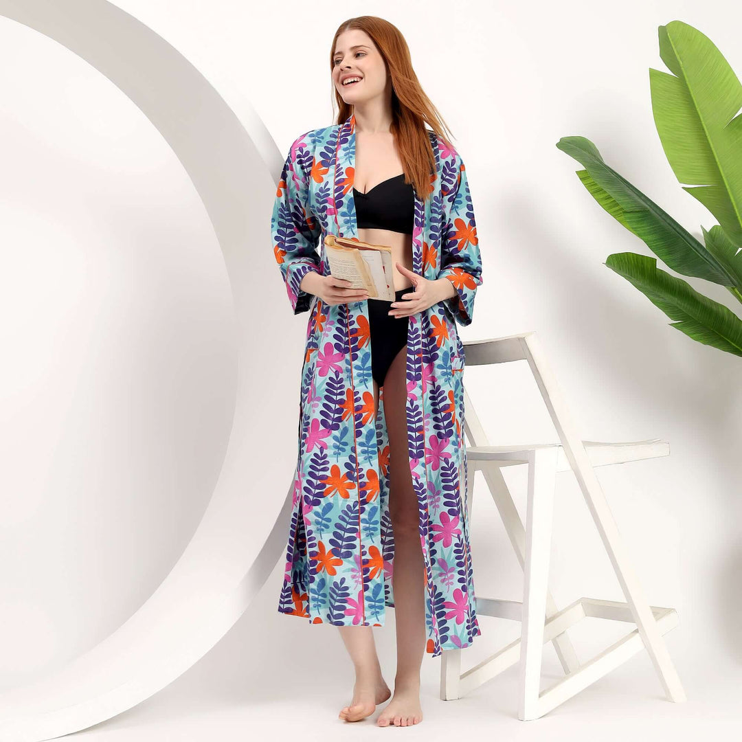 Model wearing Wholesale Tropical Print Kimono Robe for Boutiques, showcasing vibrant colors and tropical design.