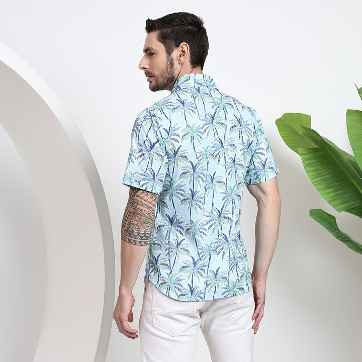 Back view of men's shirt featuring palm tree design, offering a well-fitted look